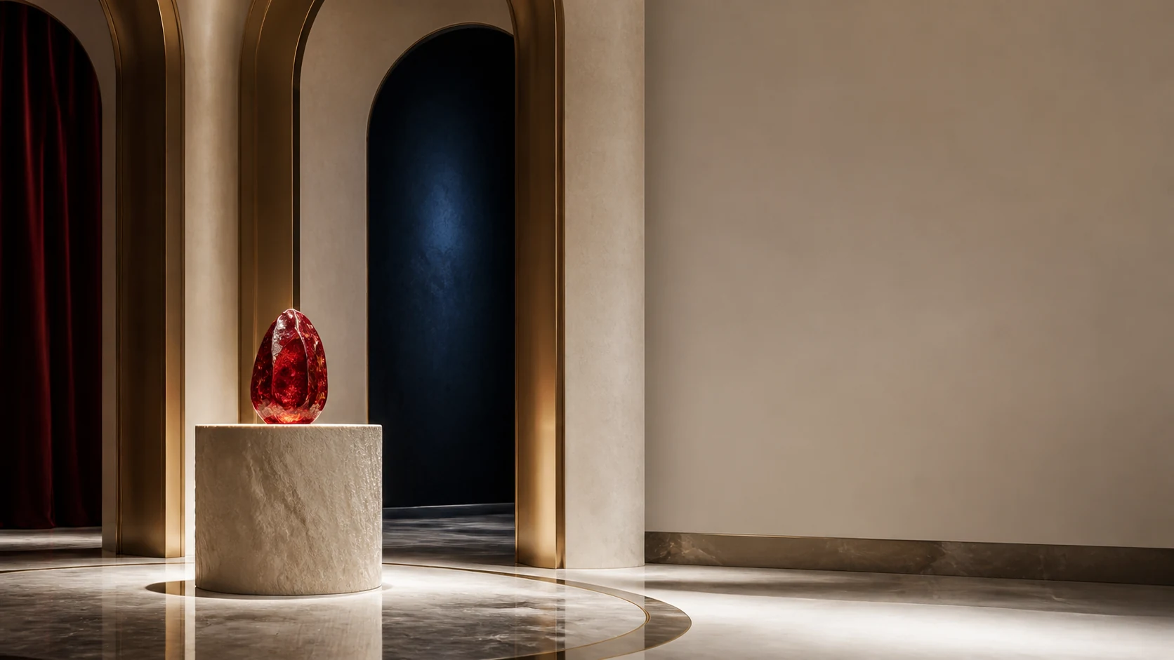 A warm ivory private floor with a ruby gemstone on a marble plinth.