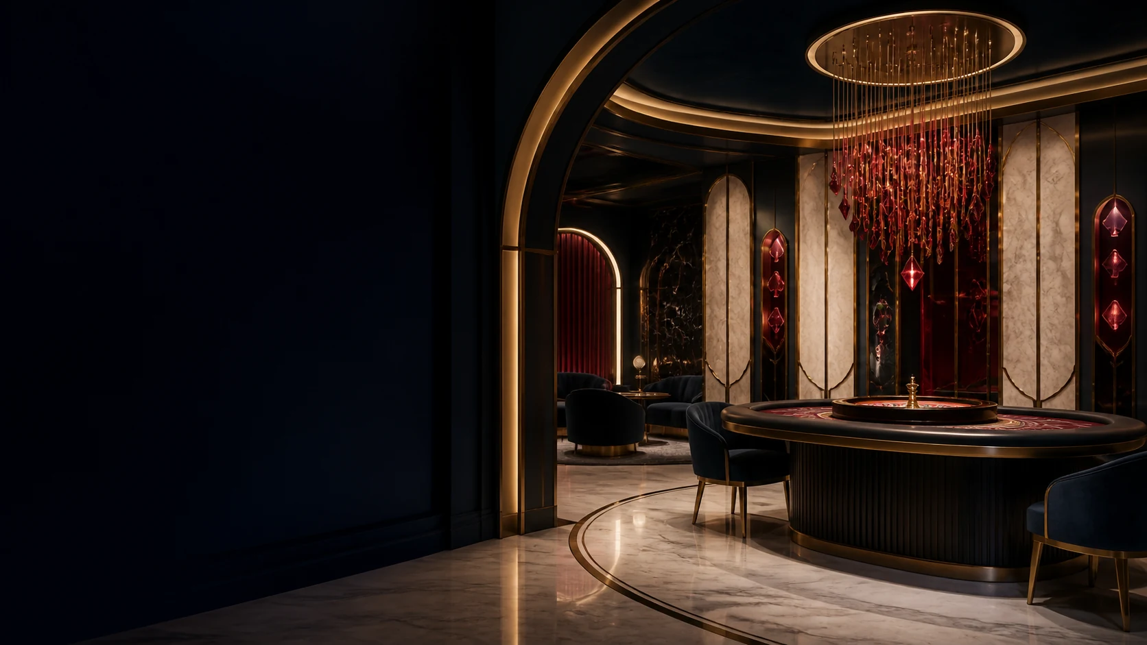 A midnight-blue 7KS salon with marble, gold arches and ruby light.